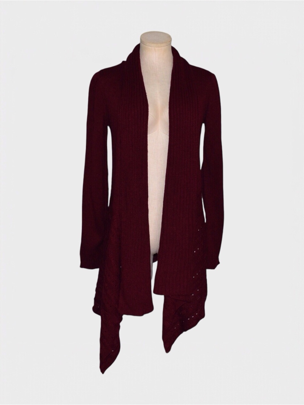 IZ Byer Burgundy Open Front Pointelle Handkerchief Hem Cardigan